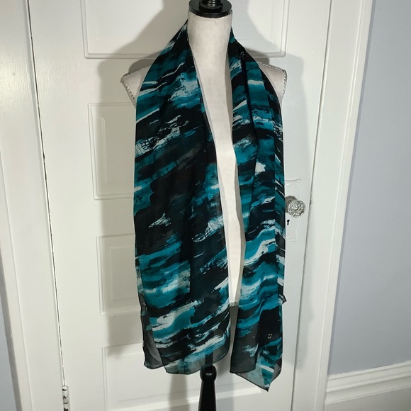 Calvin Klein Aqua & Black Scarf Long Sheer Shawl Versatile - Picture 1 of 4